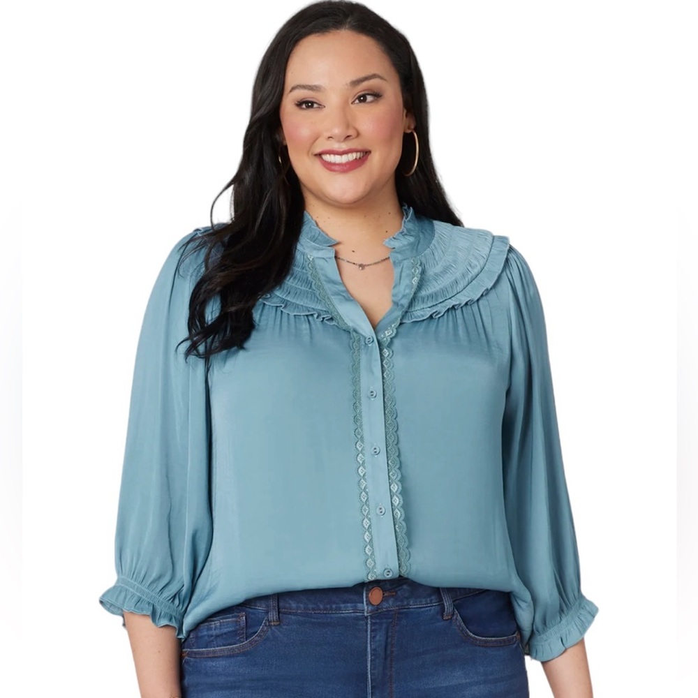 Democracy Ocean Teal Banded Blouson Sleeve Ruffle Top 1X